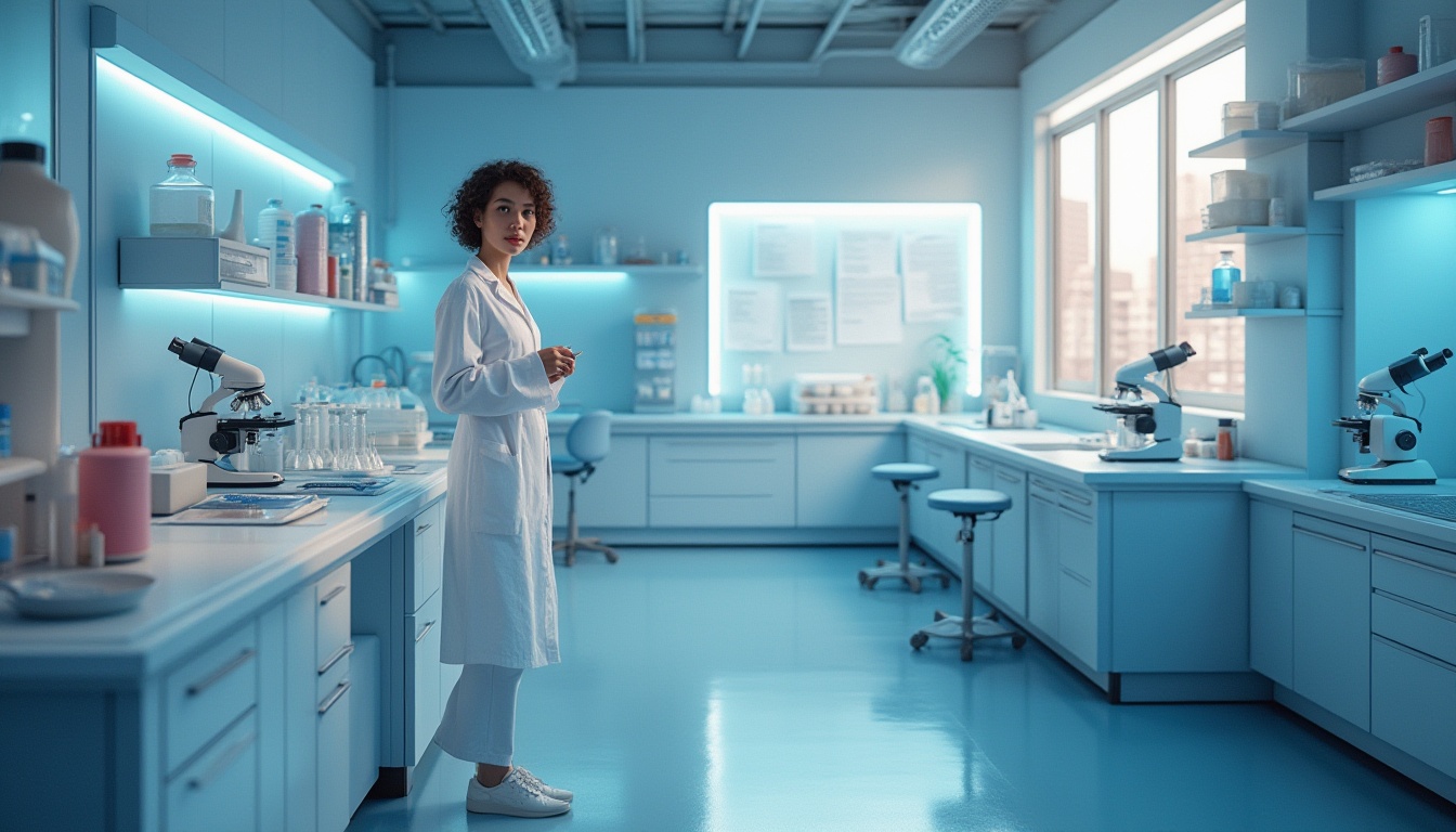 Prompt: Modern laboratory, periwinkle color scheme, futuristic equipment, stainless steel tables, ergonomic stools, subtle LED lighting, sleek glass partitions, minimalistic shelves, various scientific instruments, microscopes, test tubes, beakers, petri dishes, a female scientist, white lab coat, goggles, curly brown hair, minimal makeup, standing, experimenting, surrounded by periwinkle colored walls, cabinets, and countertops, natural light pouring in through large windows, soft focus, shallow depth of field, 3/4 composition, warm ambient lighting.