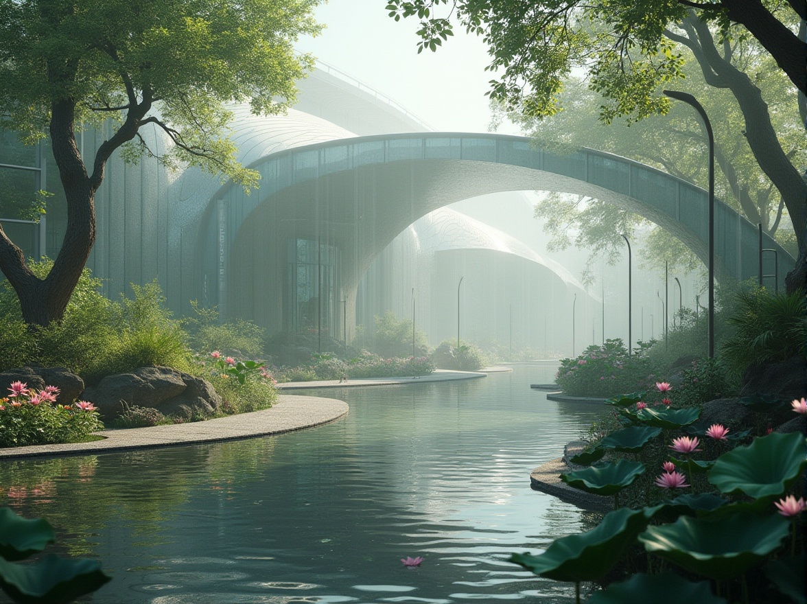 Prompt: Wetland design, futuristic architecture, polycarbonate material, transparent walls, reflective surfaces, water features, lotus flowers, misty atmosphere, morning dew, soft natural light, shallow water, lush greenery, twisted tree branches, winding boardwalks, modern lamps, metallic accents, minimalism, industrial chic, 3/4 composition, low-angle shot, cinematic mood.