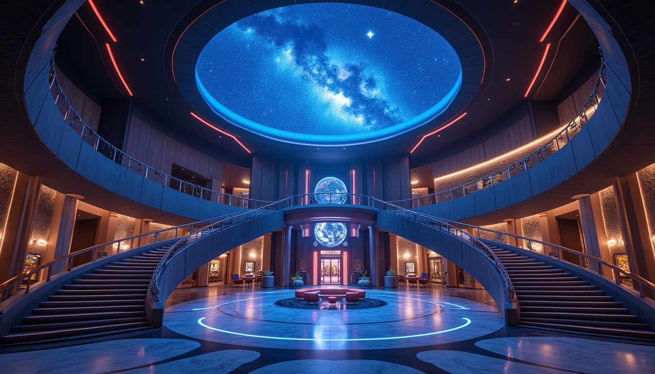 Prompt: Futuristic planetarium, fusion architecture, grand entrance, revolving doors, majestic staircase, spherical dome, starry night sky projection, ambient blue-purple lighting, luxurious leather seats, velvet curtains, intricate metal railings, ornate chandeliers, marble floors, subtle fog effects, soft background music, 3/4 composition, low-angle shot, cinematic atmosphere, futuristic details, high-tech gadgets, interactive exhibits, educational displays, stargazing area, coffee shop corner, cozy reading nook, natural stone walls, wooden accents, abstract art installations, ambient soundscapes.