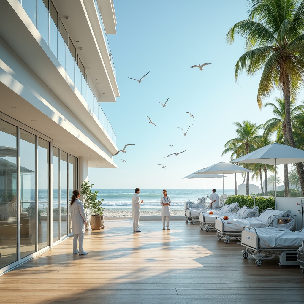 Prompt: Modern, luxurious, coastal healthcare center, large windows, ocean view, white walls, wooden floors, comfortable patient rooms, advanced medical equipment, friendly nurses, doctors in white coats, stethoscopes around necks, medical charts, beachside, palm trees, sunny day, clear blue sky, seagulls flying overhead, sound of waves crashing, soft natural light, warm atmosphere, calm patients, peaceful exterior, greenery roofs, solar panels, eco-friendly design, 3/4 composition, shallow depth of field.