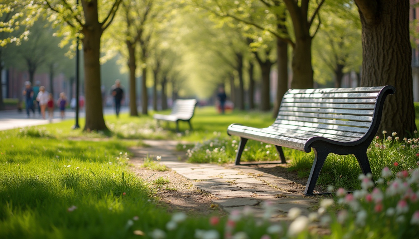 Prompt: corrugated metal, park bench, outdoor furniture, modern design, silver color, reflective surface, urban landscape, green grass, blooming flowers, trees surrounding, sunny day, warm lighting, 3/4 composition, shallow depth of field, natural ambiance, vibrant colors, people relaxing, children playing, jogging path, cycling route.