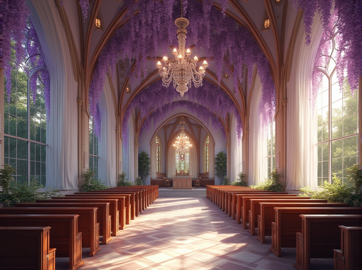 Prompt: Wisteria-inspired church interior, elegant drapery, soft purple hues, delicate floral patterns, intricate wooden carvings, grand chandeliers, stained glass windows, ornate altar, refined pews, subtle lighting, warm ambiance, serene atmosphere, Gothic architecture, vaulted ceiling, arched doors, lush greenery surrounding the building, sunny afternoon, gentle breeze rustling leaves.