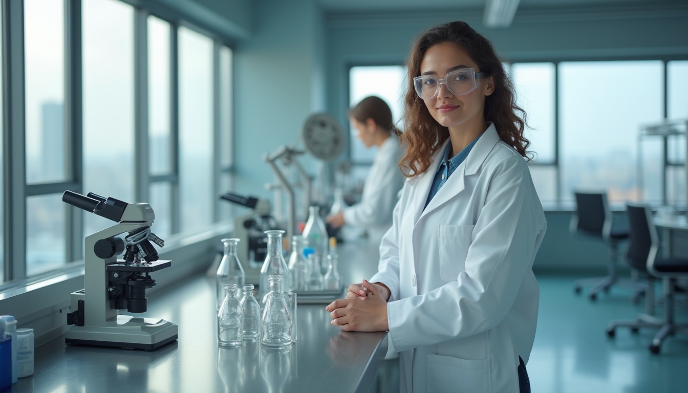 Prompt: Modern laboratory, periwinkle walls, sleek metal equipment, glass beakers, microscopes, pipettes, scientist, lab coat, goggles, curly brown hair, minimal makeup, casual smile, standing, experimenting, natural light, large windows, cityscape view, minimalist decor, stainless steel tables, ergonomic chairs, subtle shadows, soft focus, ambient lighting.