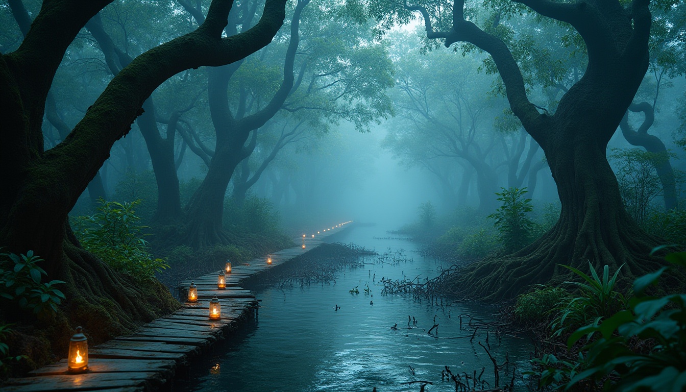 Prompt: Wetland scenery, bold Indigo color scheme, misty atmosphere, murky waters, twisted mangrove trees, tangled roots, lush green vegetation, exotic flowers, moss-covered wooden planks, rustic lanterns, foggy morning, soft golden lighting, cinematic composition, 3/4 view, shallow depth of field, mysterious ambiance.