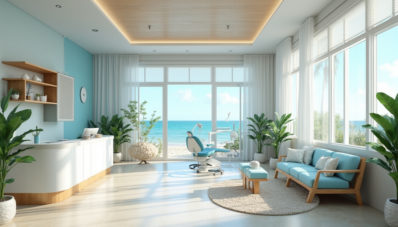 Prompt: Beach-inspired dental clinic, modern interior design, white walls, blue ocean-inspired accents, wooden furniture with driftwood texture, calming wave-patterned floor tiles, comfortable beach-themed waiting area, lush green plants, natural light pouring in through large windows, seashell-shaped decorations, coral-inspired reception desk, ocean-blue dentist's chair, soft sandy beige flooring, minimalistic decor, refreshing aquatic color scheme, relaxing ambiance, warm lighting, panoramic view of the beach outside.