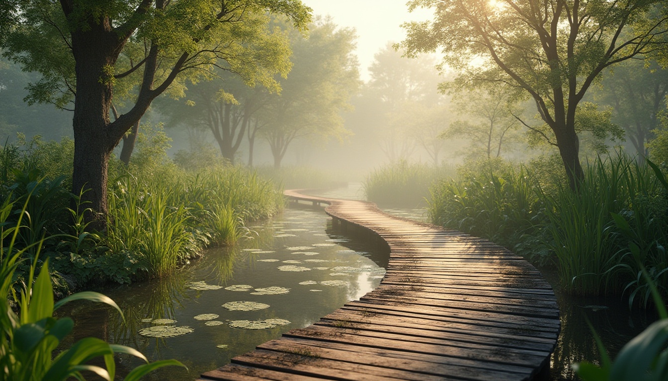 Prompt: Ecological wetland design, serene natural landscape, sustainable practices, water purification, native aquatic plants, winding wooden boardwalk, shallow waters, lush greenery, misty morning atmosphere, warm sunlight filtering through reeds, tranquil ambiance, earthy tone colors, natural materials, organic texture, 3/4 composition, soft focus, cinematic lighting.