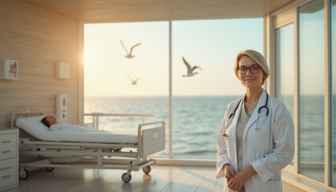 Prompt: Coastal healthcare center, modern architecture, large glass windows, ocean view, Chukum material walls, durable, waterproof, salt-resistant, beige color, natural texture, minimalist interior design, clean lines, stainless steel medical equipment, white lab coats, female doctor, 30s, short hair, glasses, stethoscope around neck, gentle smile, comforting posture, standing near a patient's bed, soft warm lighting, morning sunlight streaming through windows, calm atmosphere, seagulls flying outside.