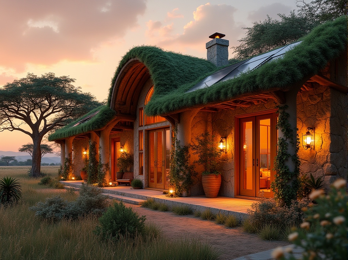 Prompt: Savannah-inspired, organic architecture, earthy tones, curved lines, natural materials, wooden accents, stone walls, vines crawling up columns, green roof, solar panels, rustic doors, lanterns, warm lighting, sunset ambiance, African savannah landscape, acacia trees, wildflowers, grasslands, distant baobab tree silhouette, peaceful atmosphere, 3/4 composition, soft focus, natural textures, earthy smell.