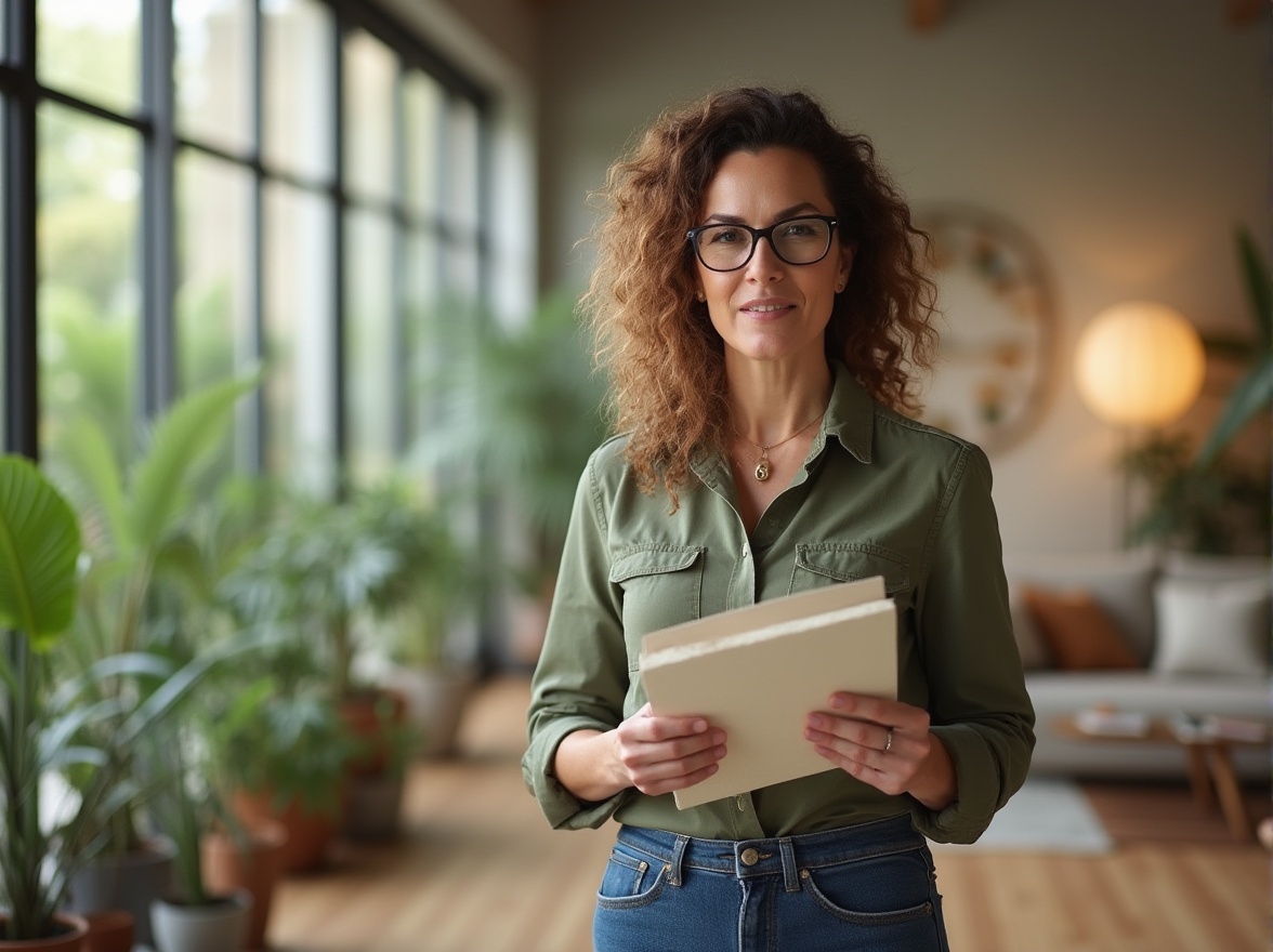 Prompt: Eco-friendly interior designer, mature lady, (35yo), curly brown hair, glasses, elegant makeup, business casual attire, standing, holding a fibreglass sample, gesturing, modern sustainable home, large windows, natural lighting, minimalist decor, recycled materials, greenery, potted plants, wooden floors, 3/4 composition, softbox lighting, shallow depth of field, warm and inviting atmosphere.