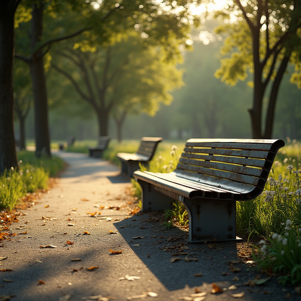 Prompt: corrugated metal, park benches, modern design, sleek lines, durable material, weather resistance, rust-proof coating, low maintenance, nature surroundings, trees, flowers, grass, sunny day, soft shadows, warm ambient light, panoramic view, 3/4 composition, depth of field.