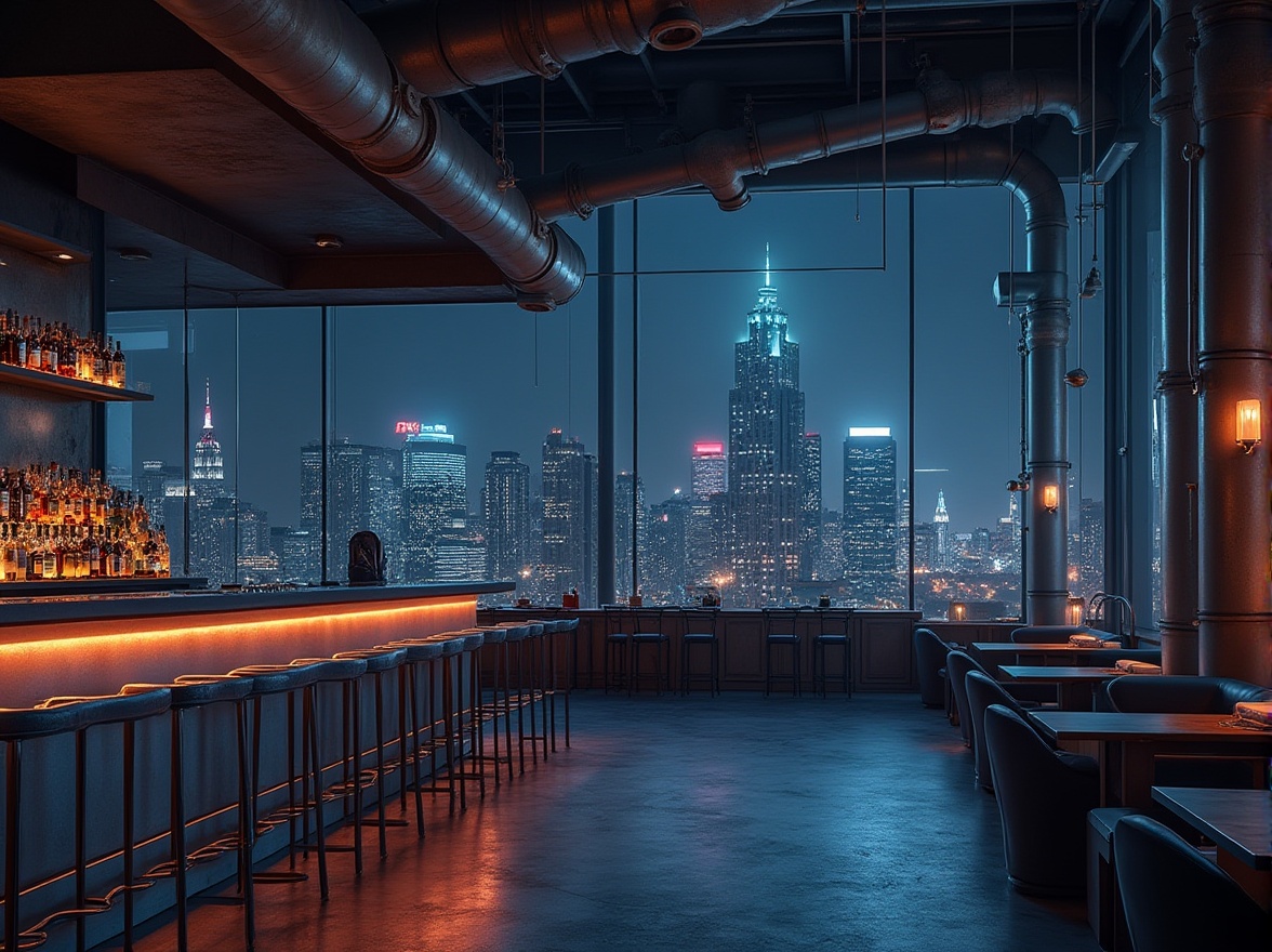 Prompt: Galvanized steel, modern bar, constructivist design, industrial atmosphere, metallic sheen, complex geometric shapes, urban skyscraper background, nighttime cityscape, neon lights reflecting off metal, brutalist architecture, minimalist seating area, cold tone color palette, sharp angles, abstract composition, high-contrast lighting, cinematic mood.