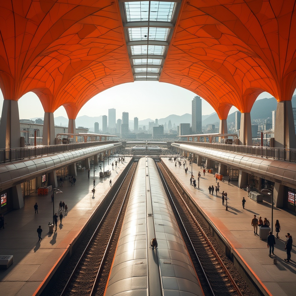 Prompt: vibrant orange, bold architectural design, futuristic train station, metallic pillars, sleek glass ceiling, modern LED lights, dynamic curves, urban landscape, city skyline, daytime, sunny weather, dramatic shadows, high-angle shot, symmetrical composition, abstract geometric patterns, industrial materials, stainless steel benches, minimalistic advertising boards, rush hour atmosphere, busy pedestrian traffic.