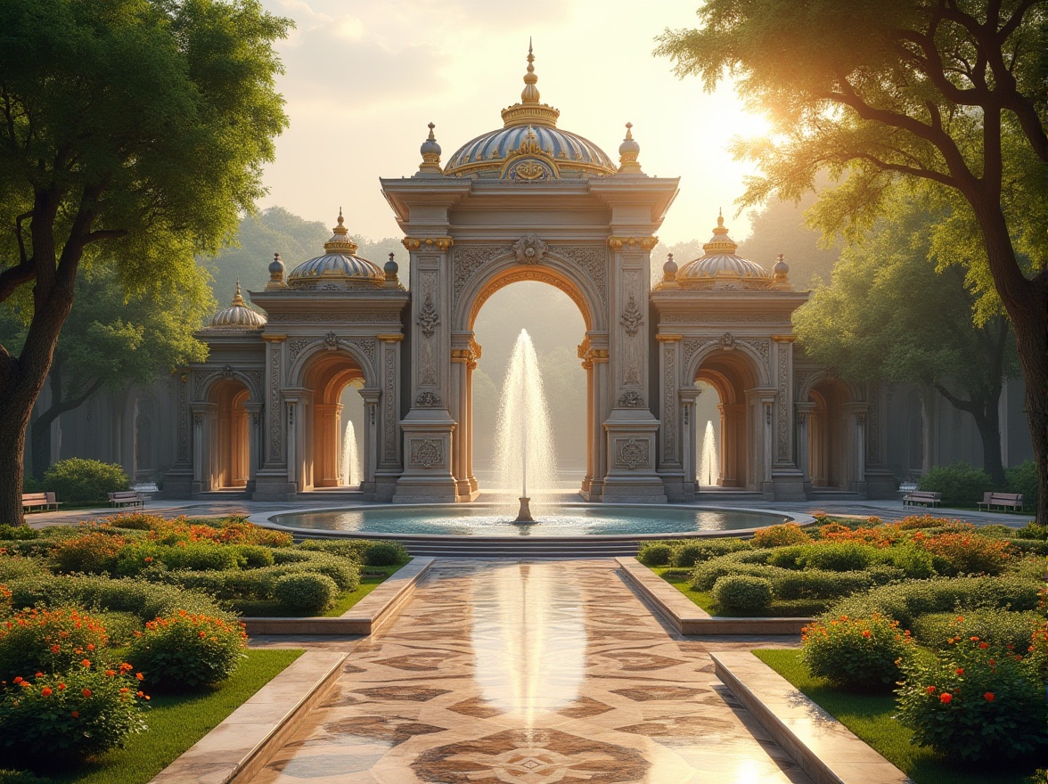 Prompt: Byzantine style park, grandiose entrance gates, intricate stone carvings, ornate mosaics, golden domes, majestic fountains, lush greenery, vibrant flowers, meandering walkways, ancient tree species, tranquil ponds, marble benches, soft warm lighting, afternoon sunbeams, warm ambient atmosphere, 3/4 composition, symmetrical layout, panoramic view, depth of field, cinematic mood.