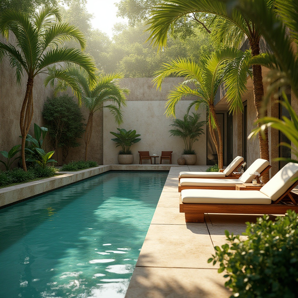 Prompt: harmonious pool environment, khaki color scheme, serene atmosphere, clear blue water, gentle ripples, natural stone walls, lush greenery surroundings, palm trees swaying gently, wooden deck chairs, soft cushions, wicker tables, refreshing ambiance, warm sunlight filtering through leafy trees, dappled shade, tranquil composition, 3/4 view, soft focus, warm color tone, relaxing mood, summer vibe.