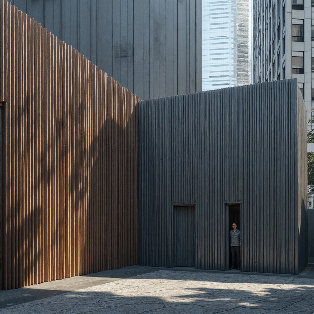 Prompt: Modern architectural design, corrugated iron wall, industrial chic, urban landscape, cityscape, skyscraper, metallic texture, rusty tone, geometric pattern, linear structure, brutalist style, minimalist composition, high-contrast lighting, dramatic shadows, 3/4 angle shot, low-angle photography, cinematic mood, gritty atmosphere.