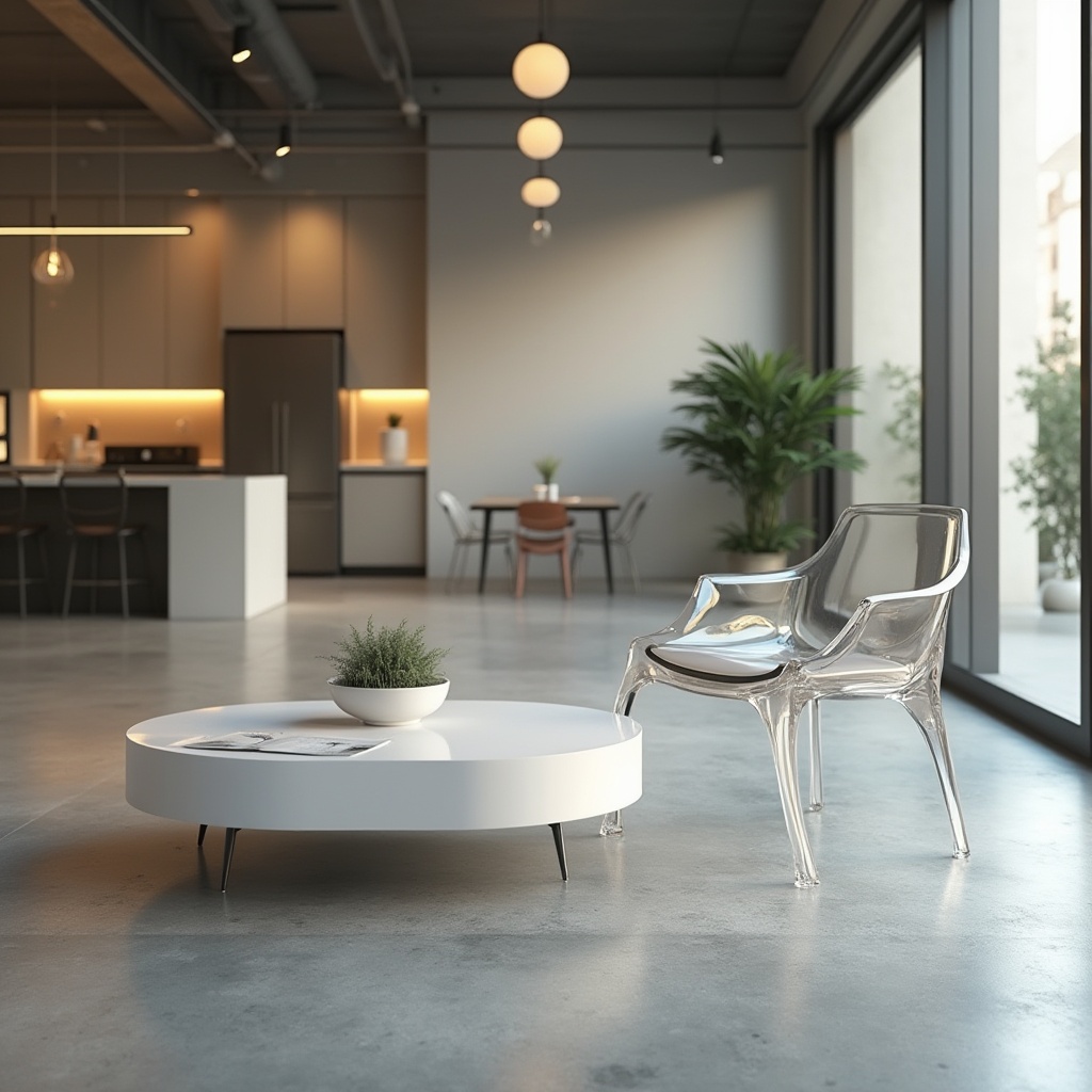 Prompt: Modern interior design, plastic material, transparent acrylic chair, glossy white coffee table, sleek lines, minimalism, empty space, urban loft apartment, concrete floor, industrial style lighting, warm LED ambient light, 3/4 composition, shallow depth of field, product photography, high-key lighting, modern art decoration, plants with modern planters, futuristic vibe.