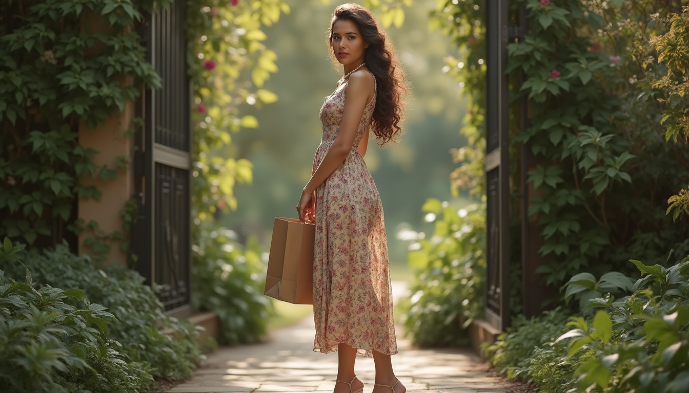 Prompt: Elegant lady, 30s, standing, vintage dress, floral patterns, long curly brown hair, natural makeup, pearl necklace, high heels, holding a recycled paper bag, surrounded by lush greenery, botanical garden, stone pathway, ornate iron gates, soft morning light, warm color palette, shallow depth of field, film grain effect.