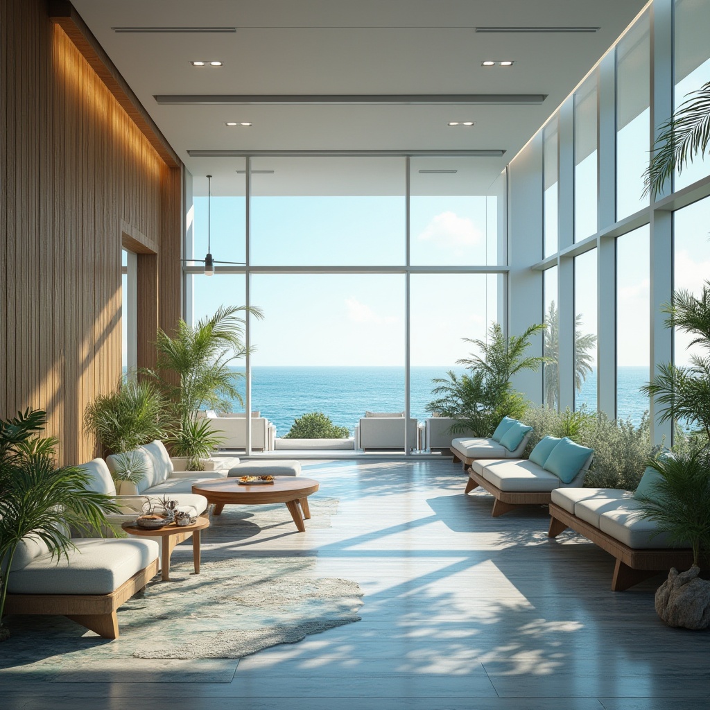 Prompt: Coastal themed healthcare center, modern architecture, large windows, ocean view, calming atmosphere, natural light, wooden accents, wave-patterned flooring, blue and white color scheme, comfortable seating areas, lush greenery, plants with sea-salt air, driftwood decorations, serene ambiance, gentle sound of waves, panoramic view of the coastline, 3/4 composition, warm soft lighting, shallow depth of field, realistic rendering.