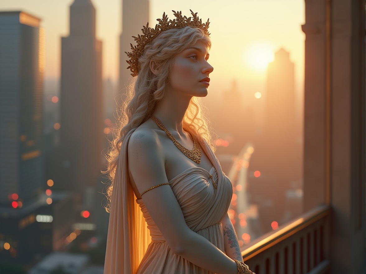 Prompt: Ancient Greek statue-inspired female figure, white marble-like skin, flowing curly hair, laurel wreath, elegant makeup, draped toga, golden accessories, high heels, standing confidently, modern cityscape background, sleek skyscraper, bustling streets, bright neon lights, contrast of old and new, warm sunset lighting, shallow depth of field, cinematic composition, 3/4 view.