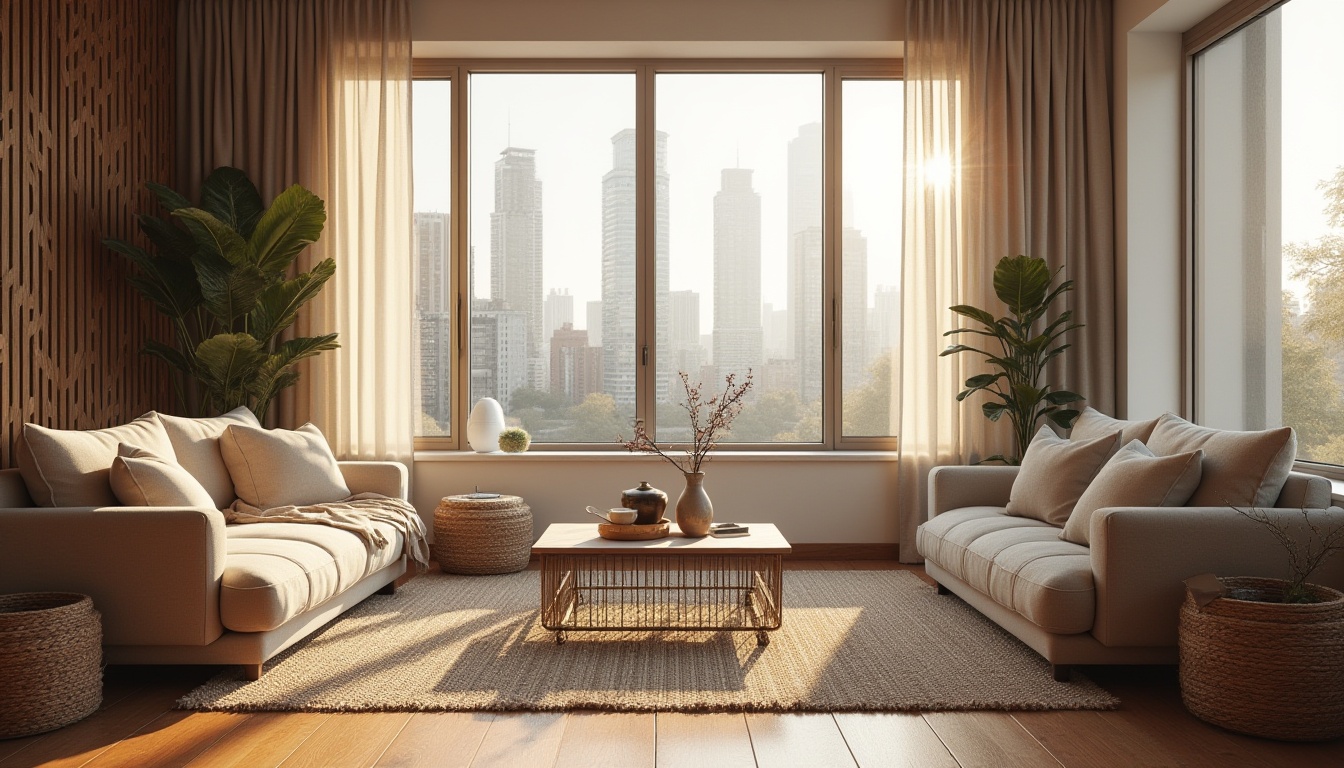 Prompt: Modern apartment, vernacular architecture style, incorporating fabrics, cozy atmosphere, soft cushions, velvet sofa, linen curtains, woven baskets, jute rug, wooden floor, natural light pouring in, large windows, urban skyscraper view, cityscape background, 3/4 composition, warm lighting, morning sun, gentle shadows, realistic textures, ambient occlusion.