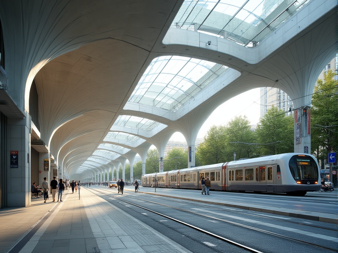 Prompt: Modern tram station, futuristic architecture, curved lines, sleek surfaces, fiber-cement material, textured exterior, metallic accents, angular columns, transparent glass roof, natural light pouring in, urban cityscape, busy streets, trees lining the sidewalk, morning commute, rush hour atmosphere, soft indirect lighting, 3/4 composition, shallow depth of field, industrial feel, advanced technology integration.