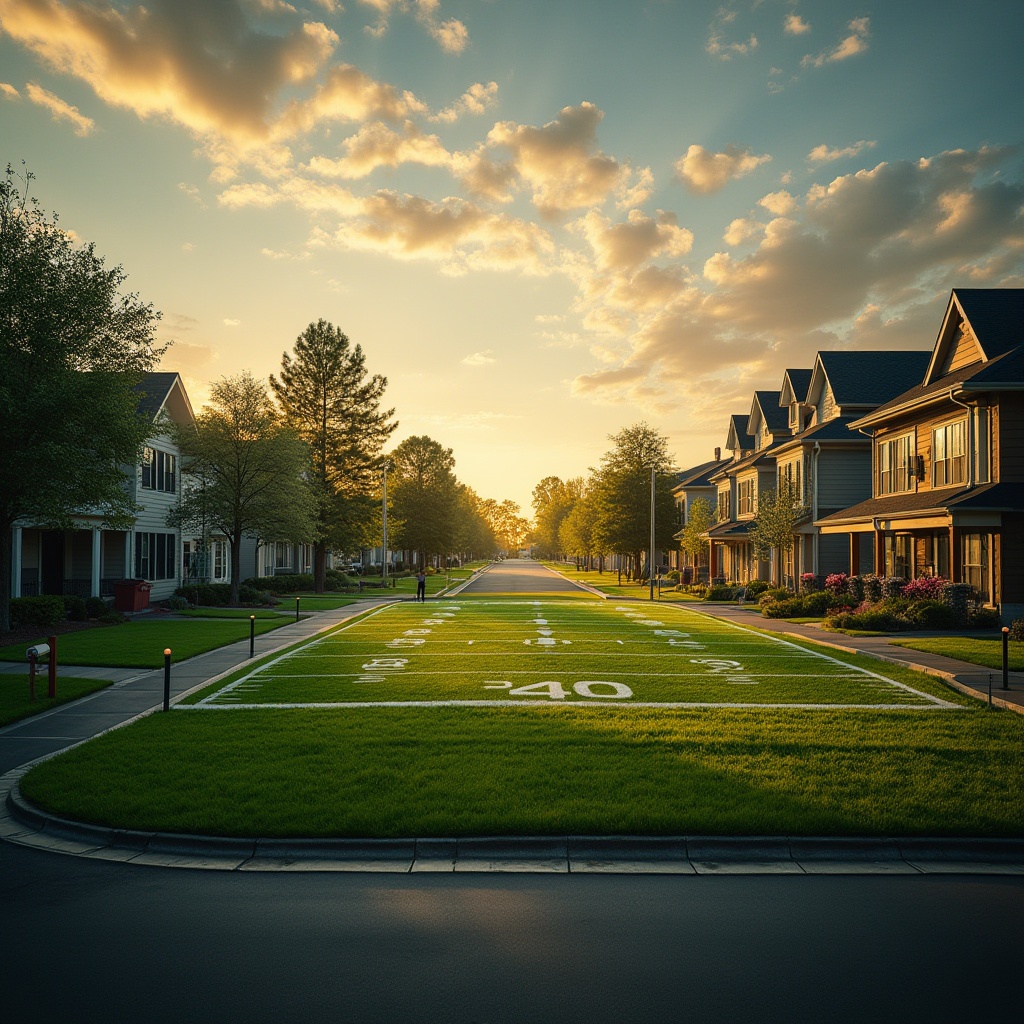 Prompt: Suburban residential area, evening time, warm golden light, few fluffy clouds, green grass lawns, tall trees lining the streets, cozy single-family homes with porches, driveways, and mailboxes, American football stadium design, modern architecture, grandstand seating, floodlights, goalposts, scoreboard, lush green natural turf, athletes in dynamic action, sports fans cheering, sunny weather, dramatic cloud formations, cinematic composition, soft focus on background, vibrant colors, high contrast, 3/4 view angle.