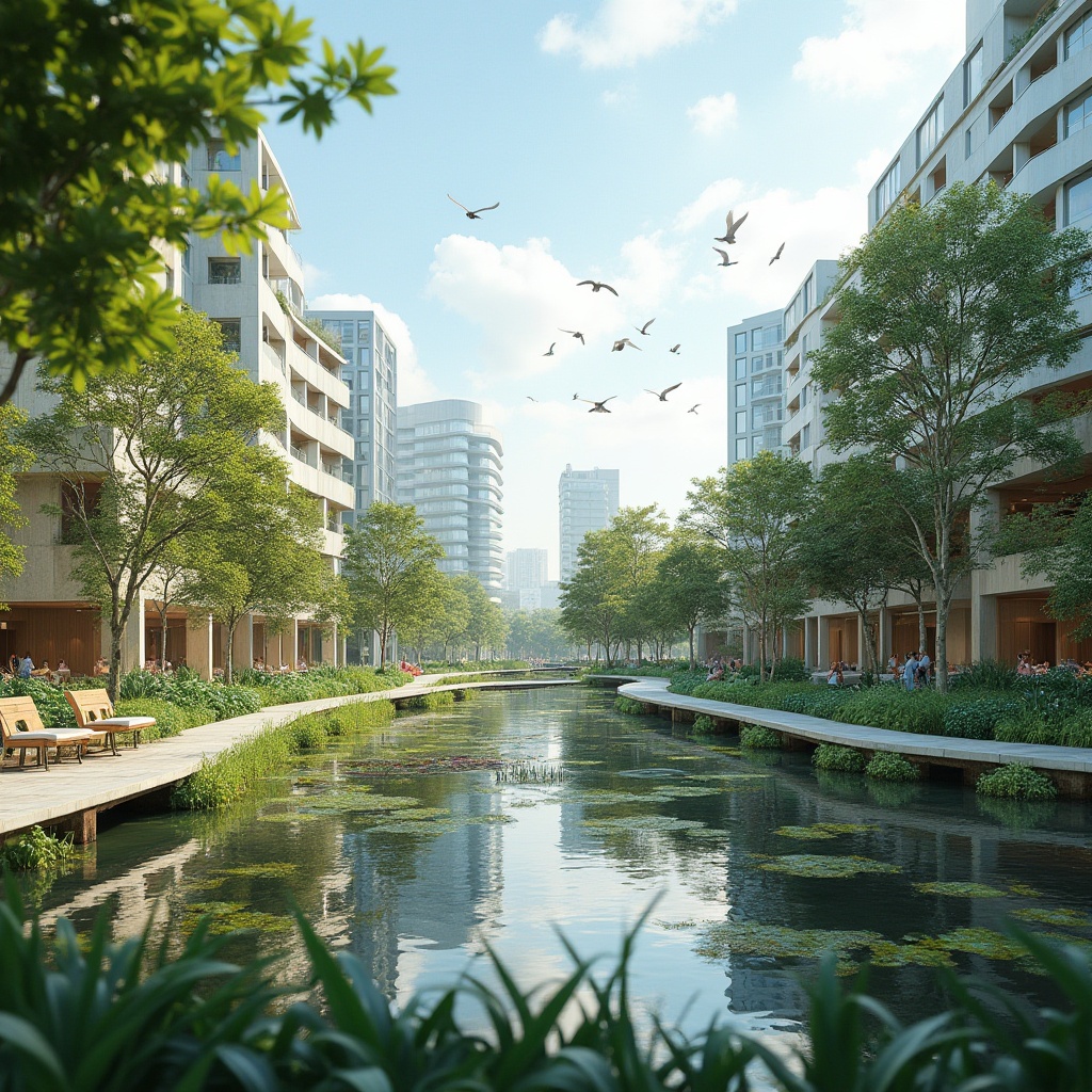 Prompt: Urban wetland design, modern city, eco-friendly architecture, green infrastructure, natural habitats, water features, walking paths, benches, lush vegetation, tropical plants, birds flying overhead, sunny day, clear blue sky, soft focus, shallow depth of field, serene atmosphere, environmental conservation, sustainable development, 3/4 composition, warm lighting.