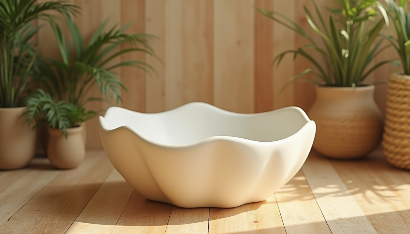 Prompt: Eco-friendly product design, sustainable material, Fibreglass, modern minimalist aesthetic, sleek lines, smooth curves, natural texture, earthy tone, recyclable, reusable, biodegradable, organic shape, 3/4 composition, softbox lighting, warm ambient atmosphere, Scandinavian-inspired interior, wooden background, greenery, potted plants, airy feel.