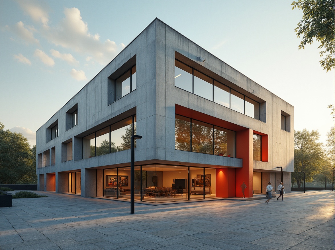 Prompt: Bauhaus building, modern architecture, clean lines, minimal ornamentation, rectangular forms, functional simplicity, industrial materials, steel beams, concrete walls, large windows, open floor plan, abstract art pieces, geometric shapes, primary color accents, brutalist elements, urban landscape, cityscape, morning light, low-angle shot, 3/4 composition.