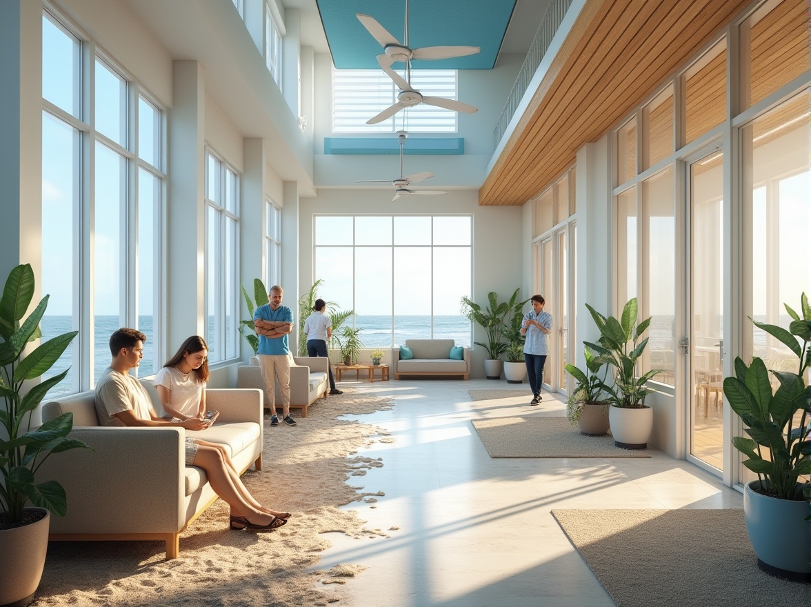 Prompt: Coastal themed healthcare center, calming atmosphere, large windows with ocean views, natural light pouring in, white walls, blue accents, comfortable furniture, plants with soothing scents, sound of waves, seagulls in the distance, patients relaxing on beach-inspired outdoor patio, staff wearing casual coastal attire, strolling along the beach-like hallway, warm sandy color floors, driftwood decorations, coral patterned rugs, calming music playing softly, natural materials, organic textures, serene ambiance, peaceful atmosphere, natural ventilation, soft ocean breeze, panoramic view of the coastline.