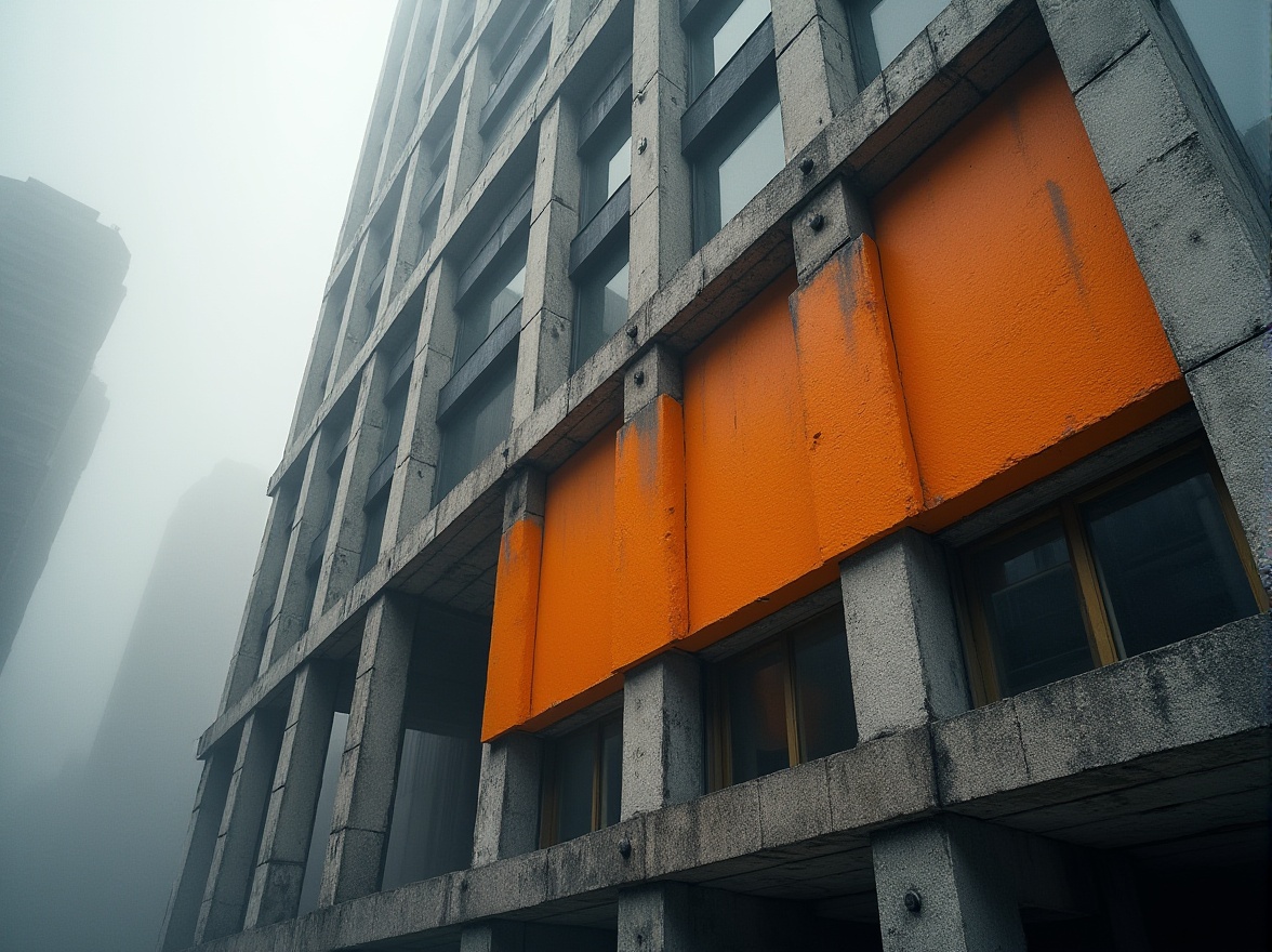 Prompt: Brutalist skyscraper, Tangerine color accent wall, industrial metal beams, rugged concrete texture, angular geometric shapes, asymmetrical composition, dramatic shadows, urban cityscape, foggy atmosphere, low-angle shot, cinematic lighting, 3/4 composition, bold architecture, modernist style, abstract patterns on the façade, vibrant pops of color amidst monochromatic tones.