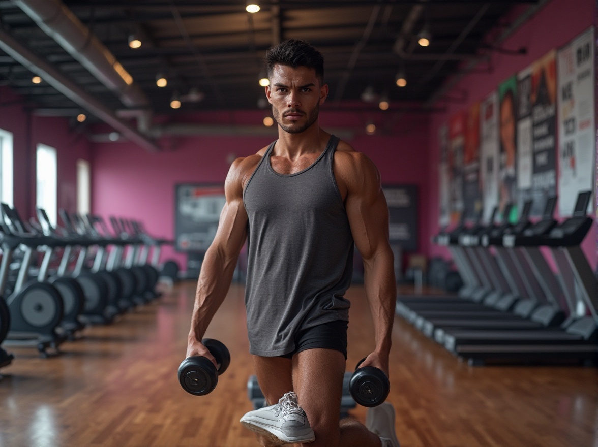 Prompt: Gymnasium interior, plum color walls, dynamic lighting, athletic atmosphere, modern steel beams, polished wooden floors, rows of treadmills, exercise bikes, and weights, motivational quotes on walls, inspirational posters, muscular man, 25yo, short black hair, sweat droplets on forehead, intense facial expression, wearing grey tank top, black shorts, white sneakers, holding dumbbells, powerful stance, shallow depth of field, warm color tone, cinematic composition, panoramic view.