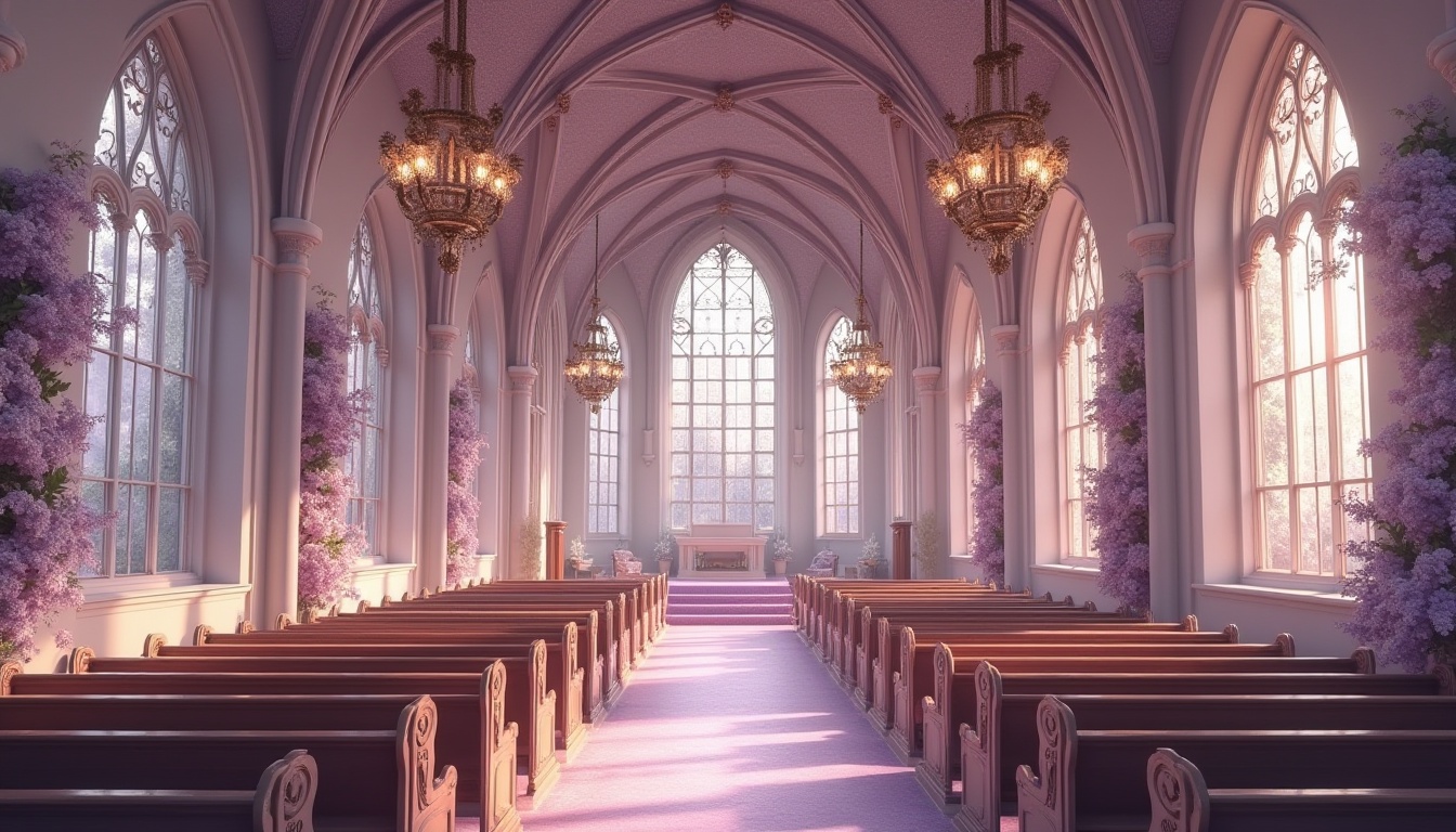 Prompt: Wisteria-inspired church interior, soft pastel purple hue, elegant drapery, ornate golden frames, delicate floral patterns, grand chandeliers, luxurious velvet pews, intricate stone carvings, stained glass windows, subtle natural lighting, serene atmosphere, peaceful ambiance, dramatic archways, majestic columns, refined details, symmetrical composition, warm color palette, inviting entrance.