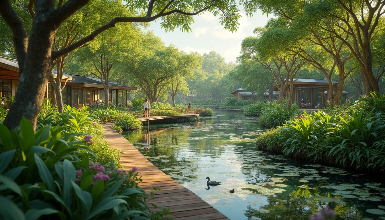 Prompt: Eco-friendly wetland, naturalistic scene, serene atmosphere, lush greenery, diverse aquatic plants, winding waterways, meandering boardwalks, wooden bridges, educational signage, interactive exhibits, bird-watching areas, observation decks, recycled materials, solar-powered lighting, rainwater harvesting systems, native wildlife habitats, thriving ecosystem, warm sunlight filtering through foliage, shallow depth of field, 3/4 composition, natural color palette.