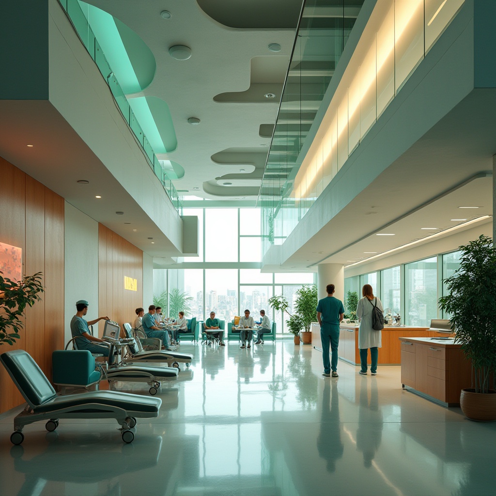 Prompt: Modern hospital interior, constructivist style, futuristic architecture, abstract shapes, bold colors, irregular forms, dynamic lighting, urban atmosphere, cityscape views, healthcare professionals in scrubs, stethoscope around neck, nurse cap, medical equipment, stainless steel surfaces, glass partitions, minimalist furniture, sleek lines, ergonomic chairs, natural materials, wood accents, green walls, living plants, calming ambiance, warm color palette, soft shadows, 3/4 composition, shallow depth of field, cinematic mood.