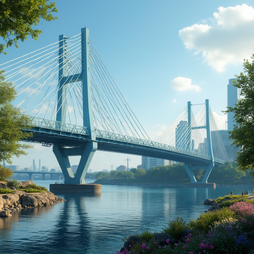 Prompt: Modern bridge, periwinkle blue color scheme, sleek steel structure, geometric shapes, urban cityscape background, daytime, sunny weather, few puffy white clouds, gentle river flowing beneath, lush greenery along the riverbanks, vibrant flowers blooming, pedestrians strolling, soft warm lighting, 3/4 composition, low-angle shot, dramatic shadows, realistic rendering.