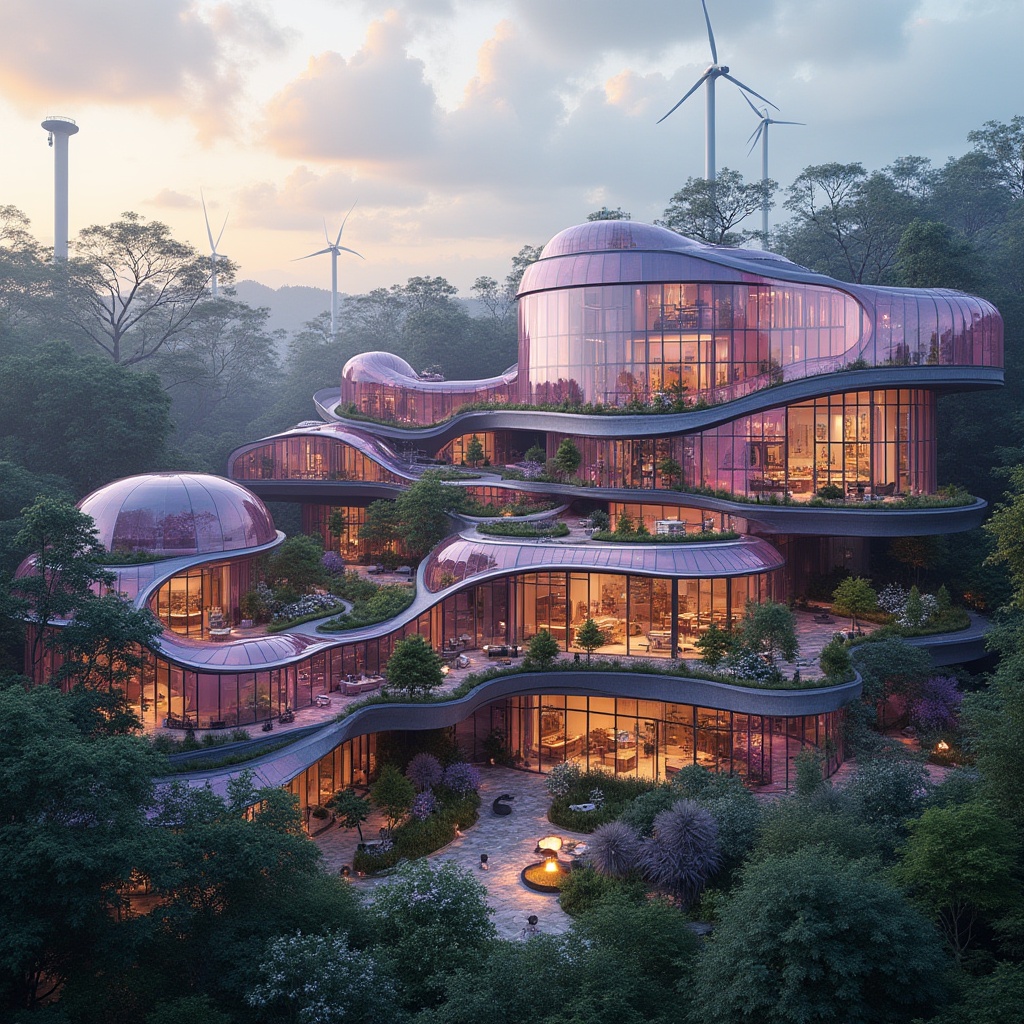 Prompt: Amethyst color, sustainable architecture, eco-friendly building, futuristic design, curved lines, glass walls, steel frames, green roofs, lush vegetation, solar panels, wind turbines, recycling facilities, rainwater harvesting system, natural lighting, airy interior, open spaces, minimal waste, energy-efficient systems, recyclable materials, zero-carbon footprint, panoramic view, aerial shot, 3/4 composition, warm ambient light, cinematic atmosphere.