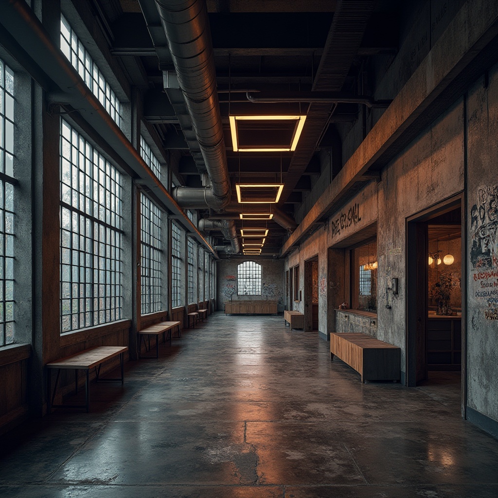 Prompt: Industrial modern architecture, factory expressionism style, brutalist concrete structure, metallic beams, exposed ductwork, urban cityscape, abandoned warehouse conversion, industrial chic decor, dimly lit interior, neon signs, graffiti walls, distressed wood accents, steel windows, angular lines, geometric shapes, moody atmospheric lighting, cinematic composition, low-angle shot, dramatic shadows.