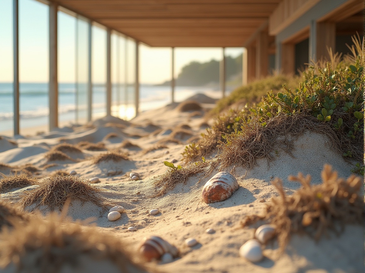 Prompt: Muddy texture, sustainable material, eco-friendly, natural, earthy tone, coastal design, beachside villa, modern architecture, large windows, ocean view, sandy dunes, driftwood, seaweed, shells, beach stones, warm sunlight, soft focus, shallow depth of field, 3/4 composition.