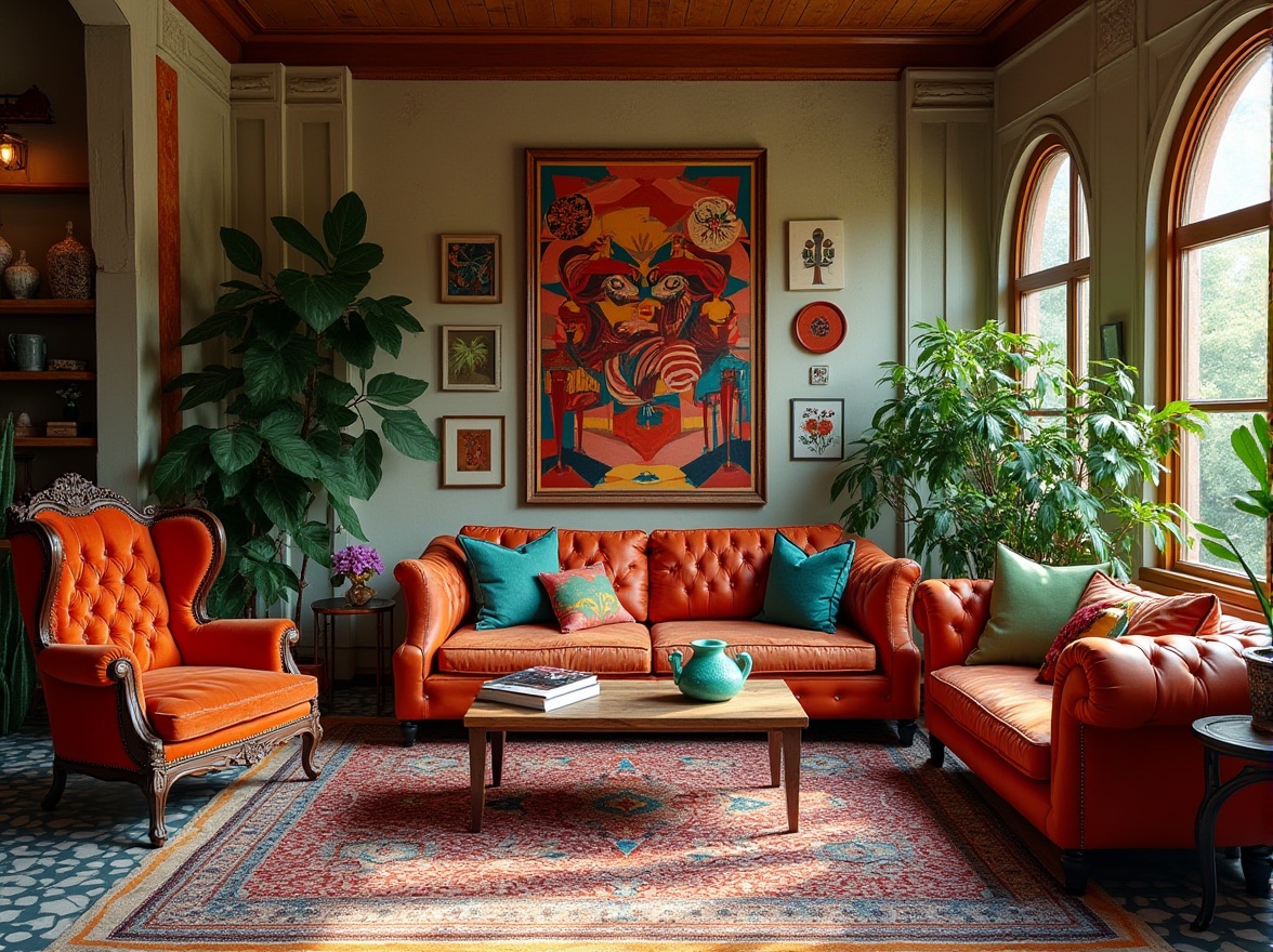 Prompt: Eclectic interior design, vibrant colorful space, luxurious furniture mix, ornate Victorian chair, modern minimalist sofa, Moroccan-inspired tiles, richly patterned rugs, bold abstract artwork, lush greenery, natural light pouring in, warm atmospheric ambiance, cozy reading nook, architectural details, distressed wood accents, eclectic decorative objects, global cultural influences, busy yet harmonious composition.