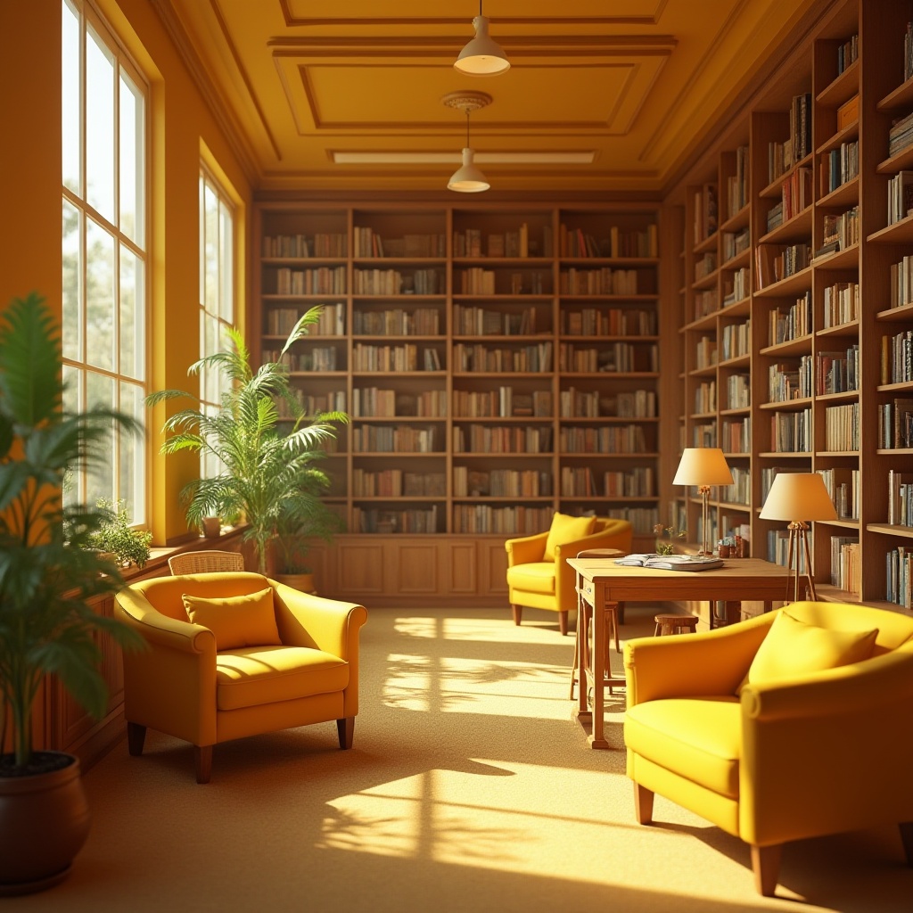 Prompt: Cozy library interior, warm yellow walls, floor-to-ceiling bookshelves, wooden tables with yellow lamps, comfortable yellow armchairs, scattered yellow pillows, natural light pouring through large windows, green plants on shelves, soft carpet flooring, subtle wood grain texture, warm and inviting atmosphere, 3/4 composition, soft focus, shallow depth of field, afternoon sunlight, realistic rendering.