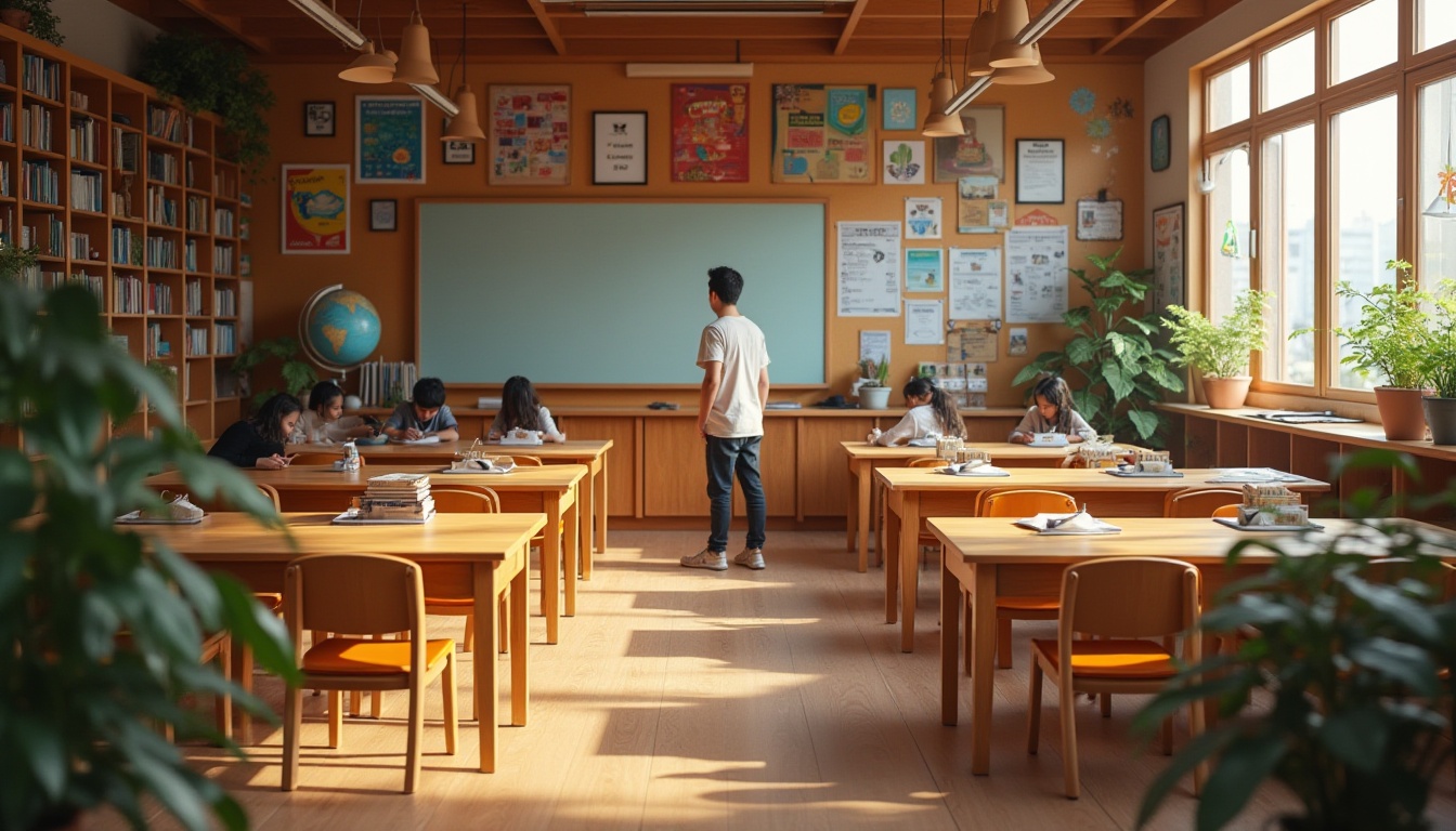 Prompt: Educational spaces, brown color scheme, wooden tables, comfortable chairs, bookshelves, globe, green plants, warm lighting, cozy atmosphere, students studying, teacher standing, whiteboard, colorful posters, educational decorations, natural materials, earthy tones, calming ambiance, 3/4 composition, soft focus, natural light.