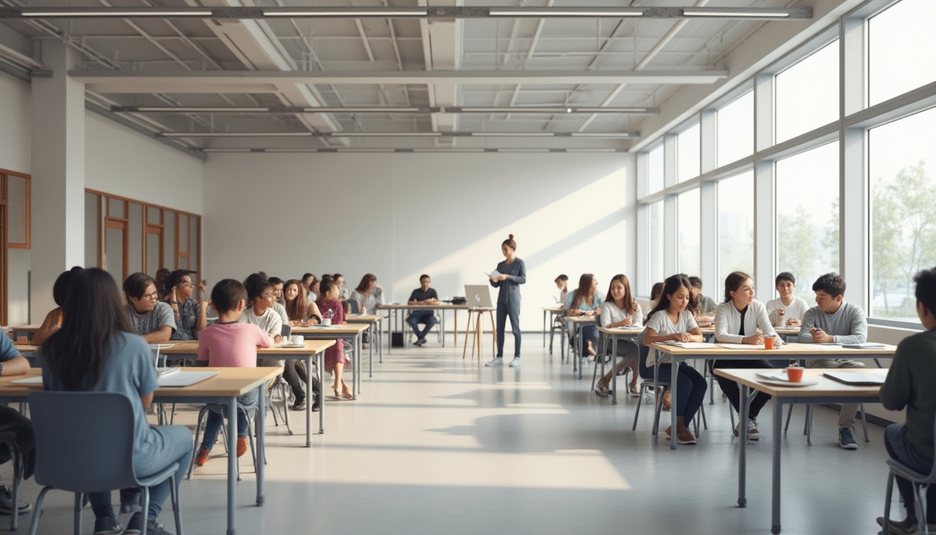 Prompt: Light gray, educational setting, school interior, modern minimalist design, clean lines, geometric shapes, subtle contrast, calming atmosphere, students, teachers, interaction, learning, discussion, collaboration, comfortable seating, wooden desks, metal chairs, floor lamps, soft indirect lighting, panoramic view, 3/4 composition, natural materials, texture, structure, harmony, balance.