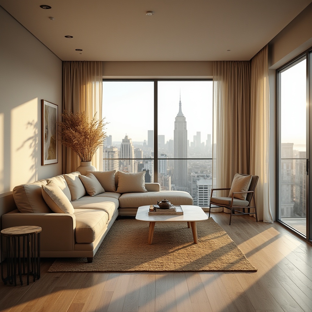 Prompt: Modern apartment, vernacular architecture, luxurious interior, incorporating fabrics, velvet sofa, linen curtains, jute rug, marble coffee table, wooden floor, minimal decor, large windows, city view, sunny day, soft natural light, warm ambient atmosphere, shallow depth of field, cinematic composition, 3/4 angle, horizontal framing.