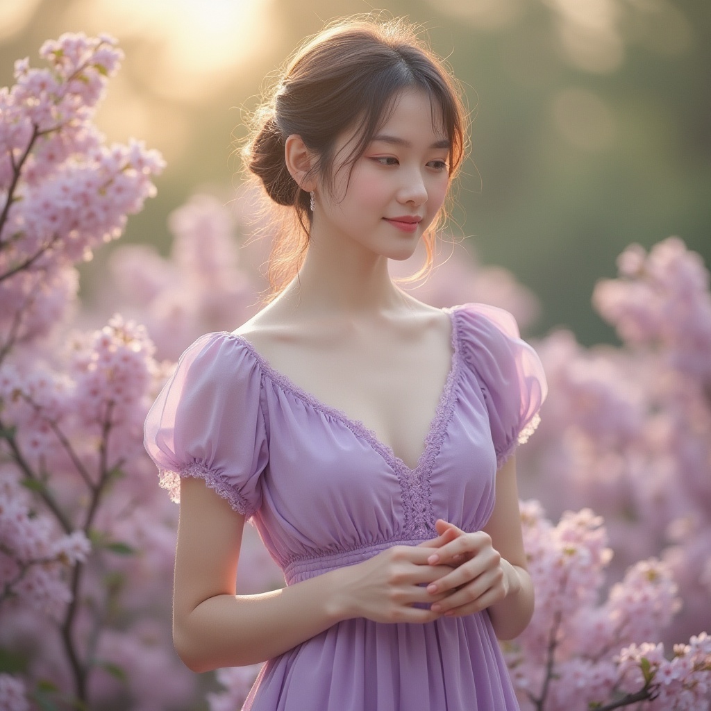 Prompt: Lilac-colored dress, flowing, gentle folds, V-neckline, cap sleeves, soft lace trim, pale skin, subtle blush, relaxed posture, hands clasped together, peaceful expression, soft focus, natural makeup, wavy hair, loose bun, few strands framing face, calm atmosphere, serene background, blooming lilac flowers, pastel colors, warm sunlight filtering through trees, gentle breeze, soft rustling of leaves, shallow depth of field, dreamy ambiance.