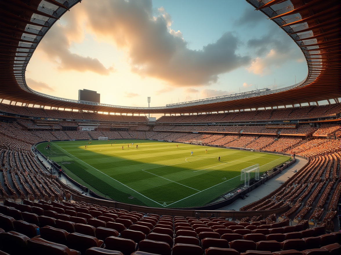 Prompt: Brown stadium, modern architecture, curved lines, brown stone walls, wooden accents, brown leather seats, warm lighting, evening atmosphere, football players, green grass field, goalposts, sports equipment, urban skyline background, cloudy sky, dramatic shadows, low-angle shot, cinematic composition.