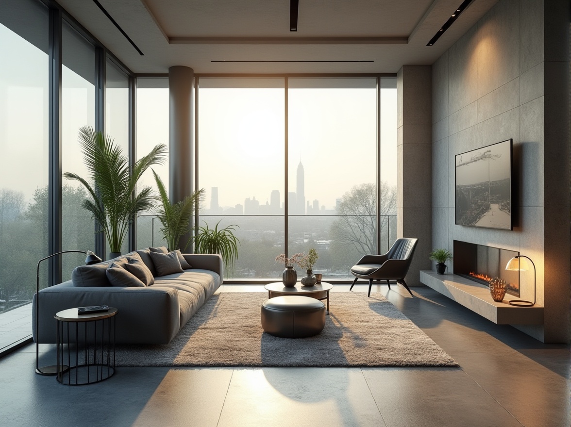 Prompt: Modern living room, functional space, minimalist decor, sleek lines, monochromatic color scheme, geometric shapes, floor-to-ceiling windows, natural light pouring in, polished concrete floors, low-profile sofa, tufted ottoman, metallic coffee table, pendant lamp, indoor plants, abstract artwork, urban view, cityscape, morning light, soft focus, cinematic composition.