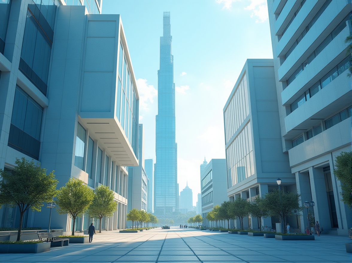 Prompt: Urban cityscape, light blue accent walls, modern skyscraper, sleek glass windows, steel beams, minimalist architecture, subtle gradient effect, soft morning sunlight, gentle shadows, pedestrian pathway, urban square, benches, street lamps, futuristic ambiance, 3/4 composition, cinematic lighting, shallow depth of field, vibrant city life.