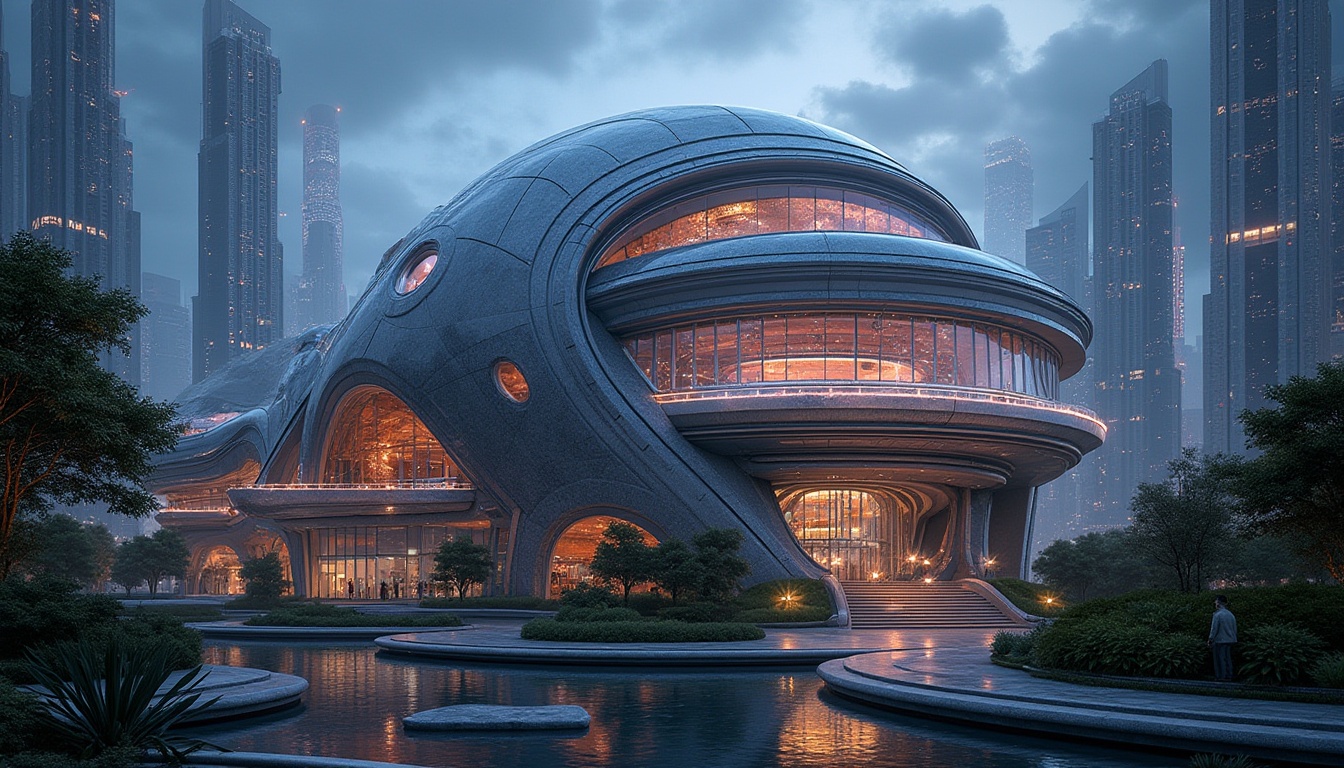 Prompt: Futuristic planetarium, fusion architecture, majestic dome, gleaming metallic exterior, transparent glass facade, neon lights, LED strips, intricate steel framework, curved lines, spherical structure, massive stone foundation, lush greenery surroundings, futuristic cityscape background, towering skyscrapers, vibrant nightlife atmosphere, 3/4 composition, low-angle shot, dramatic lighting, cinematic ambiance, high-tech details, metallic reflections.