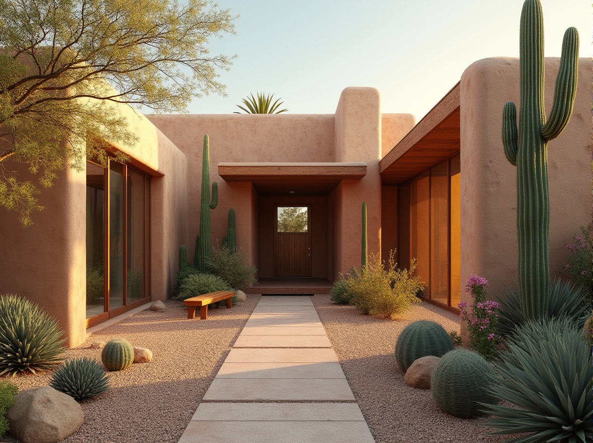 Prompt: Desert canyon inspired clinic, rustic modern architecture, adobe style building, curved lines, earthy tone, wooden accents, large glass windows, natural light pouring in, cacti plants, succulents, desert flowers, stone walls, pebbled courtyard, wooden benches, serene atmosphere, warm lighting, afternoon sun, gentle shadows, 3/4 composition, cinematic view.